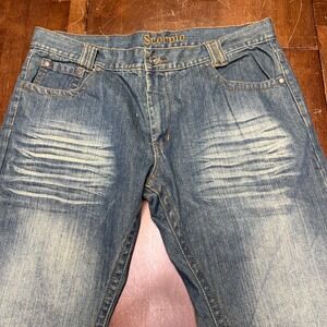 Vtg Scorpio Jeans Men 38/33 Blue Distressed Whiskered Embroidered RWH004